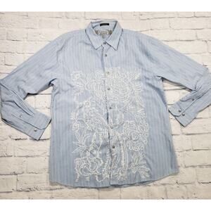 FUSAI Jeans MENS XXL Blue Striped Long Sleeve Embroidered Floral Western Shirt